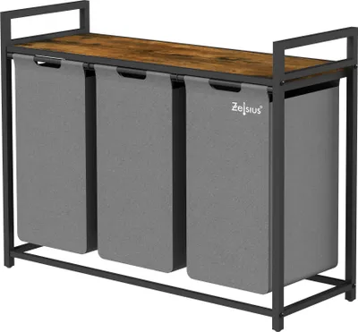 A three-compartment laundry hamper with a wooden top shelf, set against a white background.