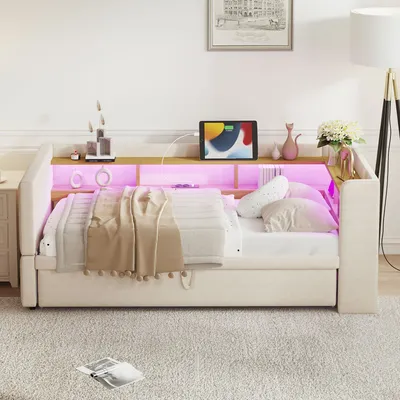 Immagine prodotto di LVHOM Daybed 90x190/180x190cm con LED e prese di corrente, Daybed con piano di appoggio estensibile, Divano letto con contenitore, Beige