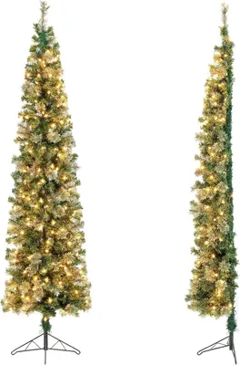 Two artificial Christmas trees with lights on a white background.