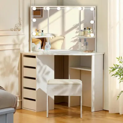 Productafbeelding van Make-up tafel met LED-verlichting, 5 lades, krukje, 114x61x140 cm