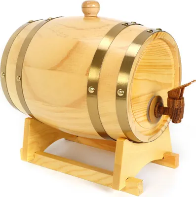 Image de tonneau à eau-de-vie de 3 litres Whiskey, vin, spiritueux, rhum, porto Tonneau à whisky en bois de pin Distributeur de liqueurs Tonneau en bois avec chevalet et robinet de soutirage