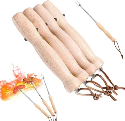 Produktbild von 4 Edelstahl-Grillspieße mit Holzgriffen, Grillzubehör, zum Grillen, Lagerfeuer und Camping, auch für Hot Dogs und Kebabs verwendbar