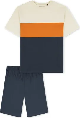 Produktbild von Schiesser Organic Baumwolle Schlafanzug Set aus T-Shirt und kurzer Hose, Shirt im Colour-Block Design, Hose mit elastischem Bundgummi