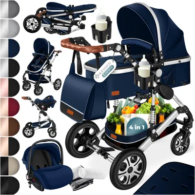 Produktbild von KESSER® Loops Kinderwagen 4 in 1 Kombikinderwagen Komplett-Set auch als Buggy für Kinder bis 4 Jahre inkl. Babywanne, Babyschale + Fußsack, Korb, Wickeltasche, Regen- & Insektenschutz & Flaschenhalter