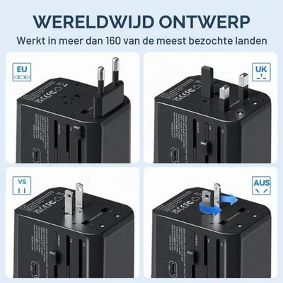 Productafbeelding van Universele Reisadapter, 3 USB C en 2 USB A, Zwart