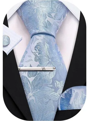 Produktbild von Herren Krawatten-Set Seide Floral Blau mit Manschettenknöpfen & Einstecktuch