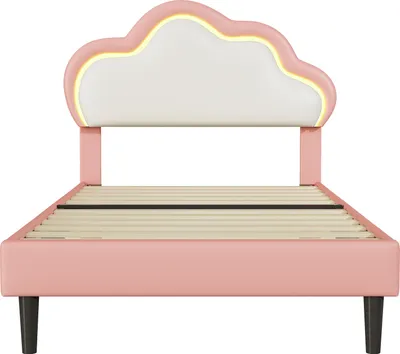 Image de Fortuna Lai Lit rembourré 90x200cm avec tête de lit en forme de nuage et LED, tête de lit et sommier réglables en hauteur, lit d'enfant en similicuir lit simple