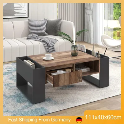 Imagen del producto de Mesa de centro de madera con cajón sin tirador y compartimento de almacenamiento, de diseño moderno, para el salón