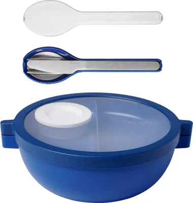 Produktbild von Mepal - Meal Prep Boxen Vita Set - Bento Schüssel + 3-teiliges Besteck-Set Ellipse - Brotdose mit Fächern - Extra Fach mit Deckel, Dressing-Deckel & Tablett - Bentobox - 1500 ml - Vivid Blue