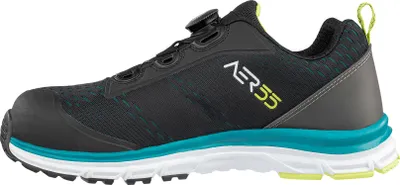 A side view of a black and blue athletic shoe with a white sole.
