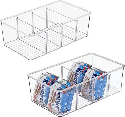 Zdjęcie produktu dla Organizer do lodówki Unyqoos® – pojemnik do przechowywania z możliwością układania w stos, z 4 przegródkami, przezroczysty, wolny od BPA (polietylen), idealny do przechowywania torebek z herbatą, przekąsek i przypraw