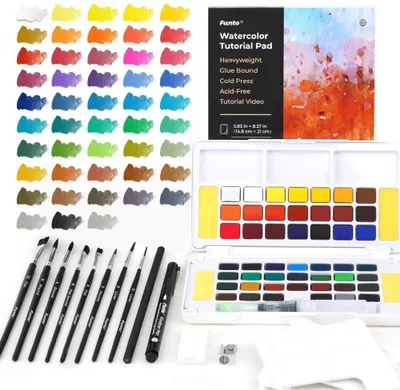 Immagine prodotto di Set di colori ad acquerello Funto 48 colori con 8 pennelli pennello ad acqua matita fineliner matita gomma nastro temperamatite bottiglia spray pittura per adulti principianti professionisti
