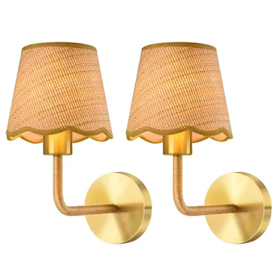 Image de Applique murale Rosikey en rotin vintage - Lampe murale en corde de chanvre design bohème - Lampe de couloir E27 avec ampoule, lot de 2