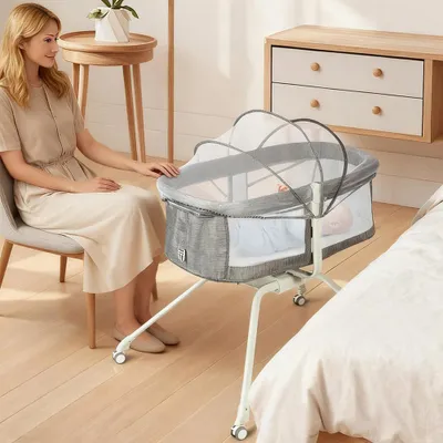 Produktbild von 2 in 1 Beistellbett Baby mit Matratze,Faltbares Co-Sleeper,Reisebett Babybett,Stubenwagen,Babywiege für 0-12 Monate Hause und Reisen 94x70x80cm Grau