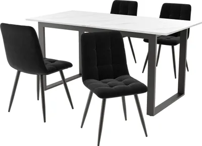 Produktbild von Essgruppe Set 140/180x80x75cm Esstisch mit 4 Stuehlen Kuechentisch Set Schwarz Samt Esszimmerstuehle MDF Tischplatte in Weisser Schwarz Tischbeine