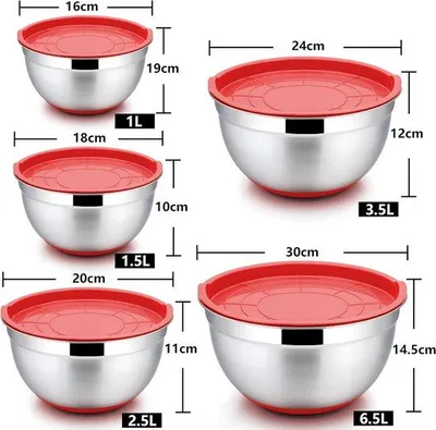 Obrázek produktu pro Sada z nerezové oceli, 5dílná, červená, silikonová, stohovatelná, vhodná do myčky, 6,6 l – 1 l