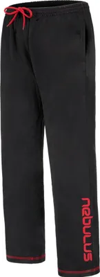 A pair of black jogging pants with red accents.