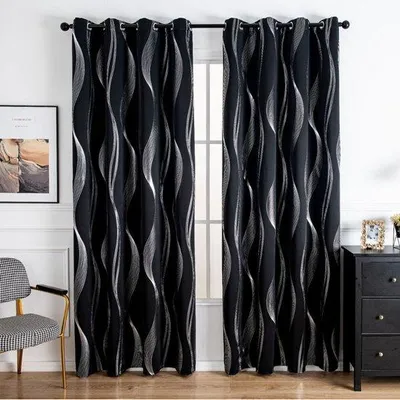 Productafbeelding van Zwarte rolgordijnen met zilveren golfpatroon, decoratief, verduisterend, 132 cm breed x 213 cm lang, geluidsisolerende woonkamergordijnen voor woonkamer/slaapkamer, 2 stuks