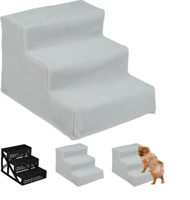 Produktbild von Relaxdays Hundetreppe 3 Stufen, kleine & große Hunde, Bett & Couch, Stoffbezug, Tiertreppe innen, HBT 30x35x45 cm, grau