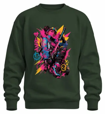 Zdjęcie produktu dla Bluza z kapturem, styl cyberpunkowy, motyw samuraja, anime, katana, Japonia, miejski styl, lata 2000, manga, kolor butelkowej zieleni, rozmiar XL