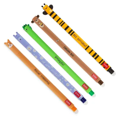 Produktbild von LEGAMI Gelstifte Set 5 Stück | radierbare Thermotinte | 0,7 mm Spitze | verschiedene Motive Dino, Bär, Biene, Corgi, Nilpferd | inkl. Radierfunktion | für Schule & Büro