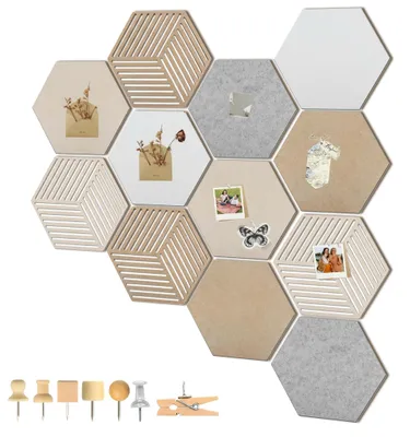 Image de Ensemble de 12 panneaux en feutre hexagonaux (30 x 26 cm) avec 110 punaises – Panneaux décoratifs adhésifs, idéaux pour les carrelages et les murs – Parfaits pour les photos, les notes et les images – Convient aux salons, aux bureaux