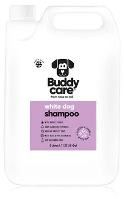 Produktbild von Weißes Hundeshampoo von Buddycare - Aufhellendes und Aufhellendes Shampoo für Hunde - Tiefenreinigung, frisch duftend - Mit Aloe Vera und Pro-Vitamin B5 (5L)