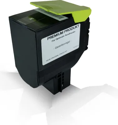 A black toner cartridge with a green protective cover on top, set against a white and light gray background with a subtle shadow.