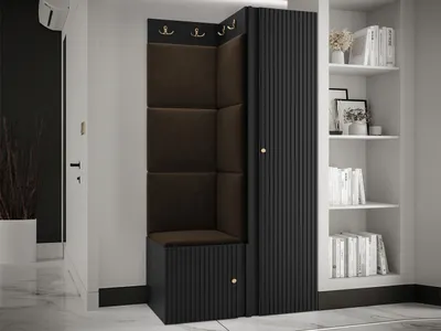 Produktbild von MIRJAN24 Garderoben-Set Orion Ryfel Slim XXV, Kleiderschrank, Schuhschrank, Kleiderhakenbrett, 7x Paneel 42x42, 6 Kleiderhaken für Kleidung, Metallgriffe (Farbe: Schwarz, Manila 04)