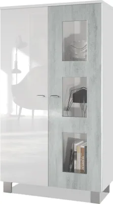Produktbild von Vladon Vitrine Denjo,  Germany, Standvitrine mit 2 Türen und 3 Glaseinsätzen, Weiß matt/ Weiß Hochglanz/ Beton Oxid-Optik (71 x 129 x 35 cm)