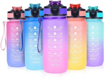 Produktbild von Trinkflaschen mit Strohhalm, 600 ml, Kinderflaschen mit Zeitmarkierungen, auslaufsicher und BPA-frei, lila – ideal für Schule, Sport und Ausflüge