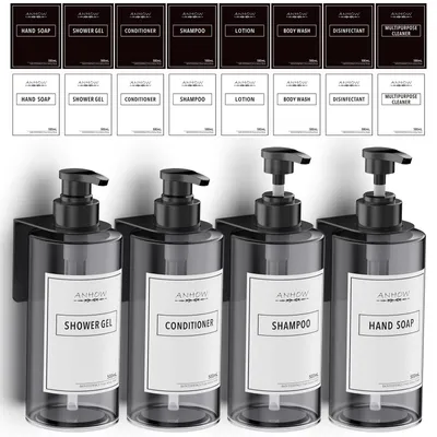 Immagine prodotto di Distributore di sapone da parete, set da 4 pezzi, capacità 500 ml, con 16 etichette, ideale per cucina e bagno