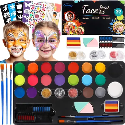 Image de Kit de maquillage pour enfants, 20 couleurs, lavable, comprenant des pinceaux et des pochoirs, idéal pour Halloween et le carnaval