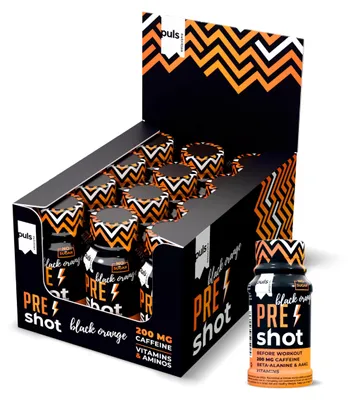 Produktbild von PULS Pre Workout Shot Black Orange 12 x 60 ml – mit 200 mg Koffein, Beta-Alanine, Arginine AKG & B-Vitamine