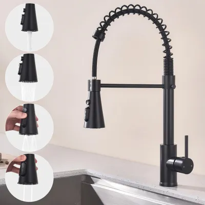 A black kitchen faucet with a pull-down sprayer is shown on a countertop next to a sink. Insets on the left show different spray modes.
