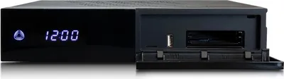 A black satellite receiver with a digital display and a flip-open panel revealing ports.