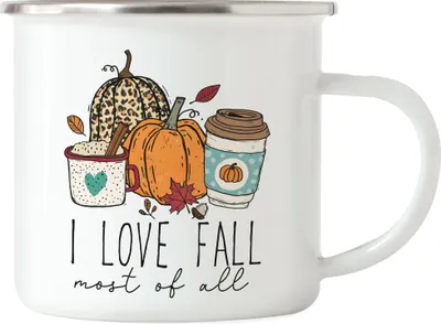 Produktbild von I Love Fall Most Of All Emaille Tasse Pumpkins Kürbis Herbstzeit Laubblätter Jahreszeit Erntezeit Heißgetränke Herbst
