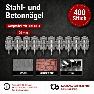 Zdjęcie produktu dla Gwoździe do betonu i stali, 20 mm, 400 sztuk, komplet z systemem mocowania do muru Hilti BX 3