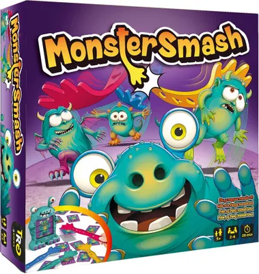 The image shows the box of the board game 'Monster Smash' with cartoon monsters on it.