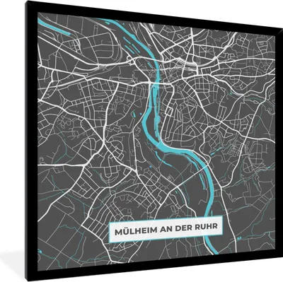 Produktbild von MuchoWow® Gerahmtes Poster Stadtplan - Karte von Deutschland - Blau - Mülheim an der Ruhr - Karte 40x40 cm - Poster mit Schwarzem Bilderrahmen Wandposter Rahmen Foto Bilder - Mit Rahmen - Wanddekoration Schlafzimmer