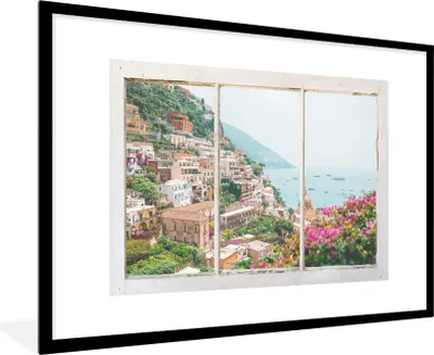 Produktbild von MuchoWow® MuchoWow® Gerahmtes Poster Aussicht - Meer - Berge 90x60 cm - Poster mit zchwarzem Bilderrahmen - Wanddekoration - Fotos