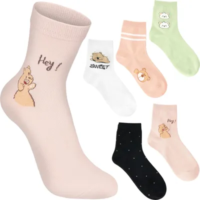 Image de BRUBAKER 5 paires de chaussettes femme 36-41 - Sweet Teddy & Herz - Chaussettes douillettes en nounours - Noir Blanc Rose