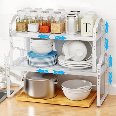Image de Ibenzoa® : Lot de 2 organisateurs de cuisine empilables – plateaux réglables et coulissants de 36,5 à 62 cm, en métal blanc hygiénique, capacité de 8 kg par étagère, idéal pour les épices et plus encore
