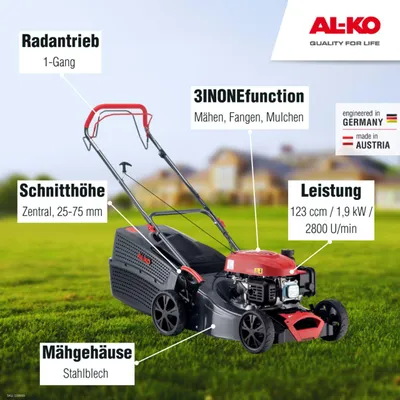 Produktbild von AL-KO Benzin-Rasenmäher Comfort 42.1 SP-A (42 cm Schnittbreite, 1.9 kW Motorleistung, Robustes Stahlblechgehäuse, Hinterradantrieb, Mulchfunktion, für Rasenflächen bis 800 m²