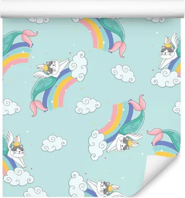 Produktbild von 10m VLIES TAPETE Rolle Kinderzimmer Magische Katzen Regenbogen Sterne XXL