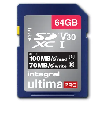 Produktbild von Integral 64GB SD-Karte SDXC UHS-1 U3 Cl10 V30 Bis zu 100Mbs Lesen 50MB s Schreiben