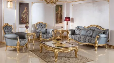 Produktbild von Casa Padrino Luxus Barock Wohnzimmer Set Blau / Gold - 2 Barock Sofas & 2 Barock Sessel & 1 Barock Couchtisch - Luxus Wohnzimmer Möbel im Barockstil - Barock Möbel - Barock Einrichtung