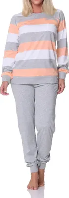 Produktbild von Normann Damen Schlafanzug langarm mit Bündchen in Blockstreifenoptik - auch in Übergrössen ; apricot , 36