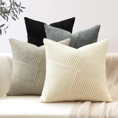 Productafbeelding van Set van 4 kussenhoezen van corduroy, corduroy sofa kussens met molenstrepen, decoratieve kussens, patchwork design, decoratieve kussenhoezen voor de woonkamer (55x55 cm, zwart/grijs)