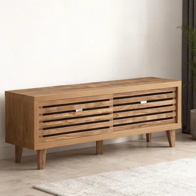 Produktbild von Holz Stauraumschrank mit Lamellentueren 140x35x45 cm Aufbewahrungsschrank Sideboard Anrichte Wohnzimmer Schlafzimmer Flur hell Holzoptik